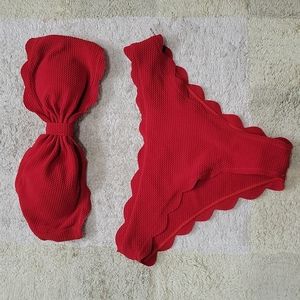 ❤️🌞Red Scallop Trim Top and Bottom Bikini 👙